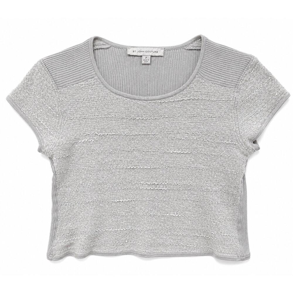 St John Couture Gray Textured Knit Top P Silver Gray Boucle Cap Sleeve Sweater S